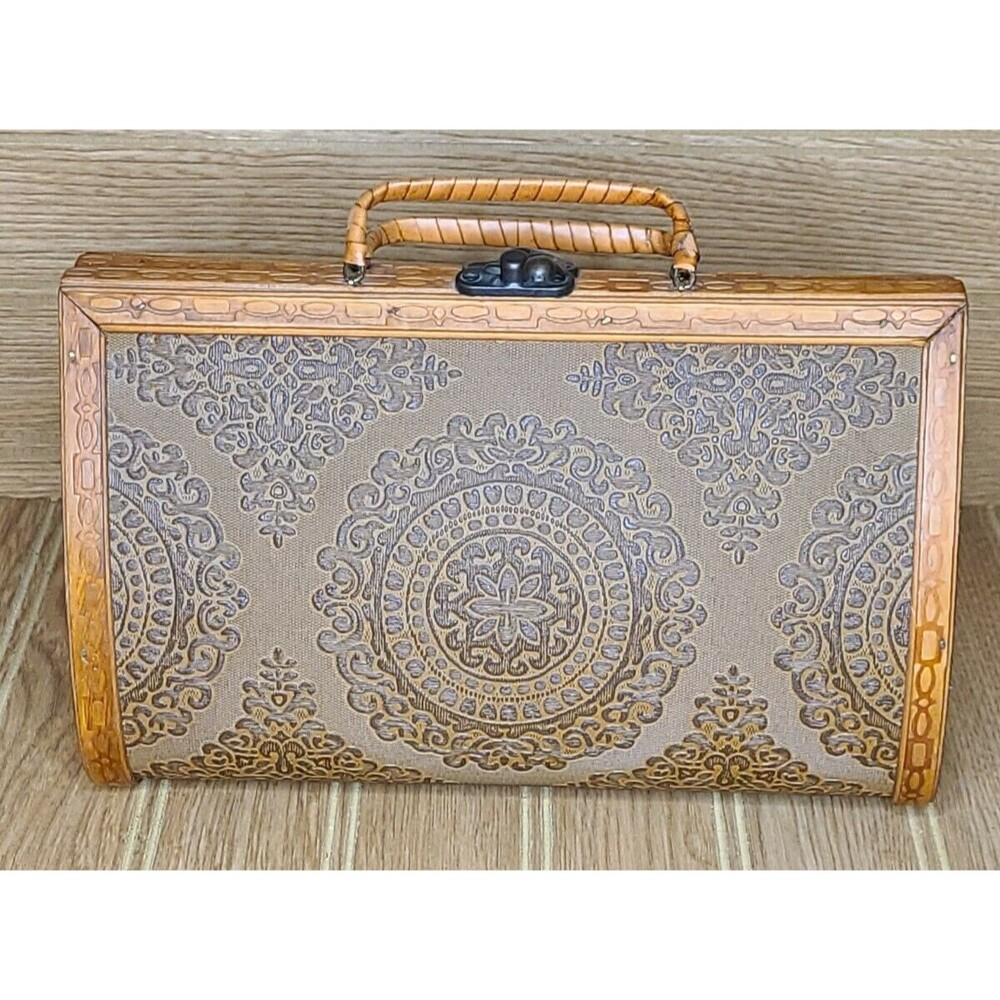 Vintage Wooden Chest Purse Handbag Box Purse Unique Burlap Weave Wood Handles